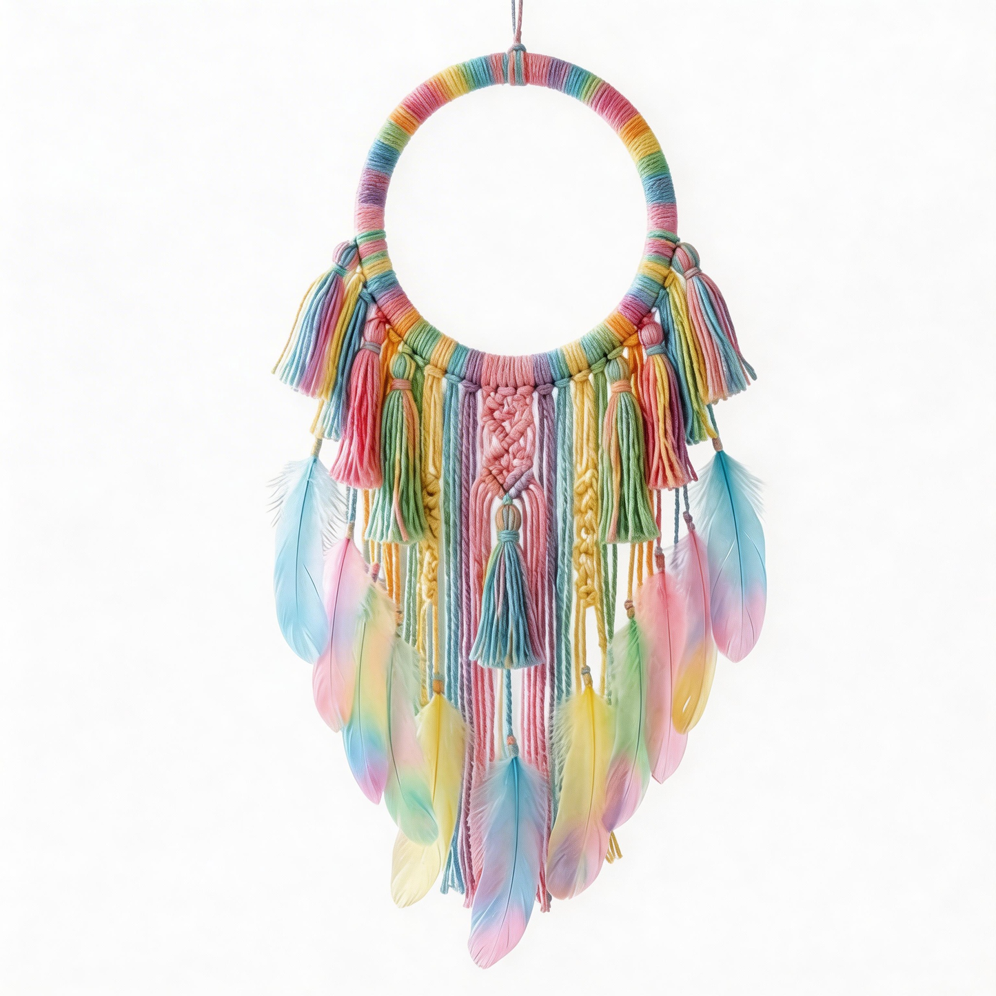Kids Decor | Rainbow Cotton Dreamcatcher | Colorful Feather Magic