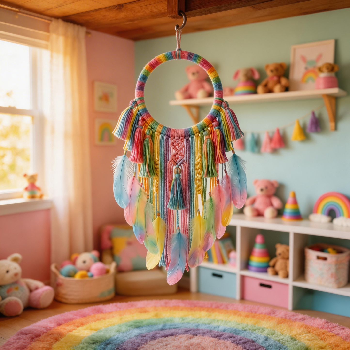 Kids Decor | Rainbow Cotton Dreamcatcher | Colorful Feather Magic