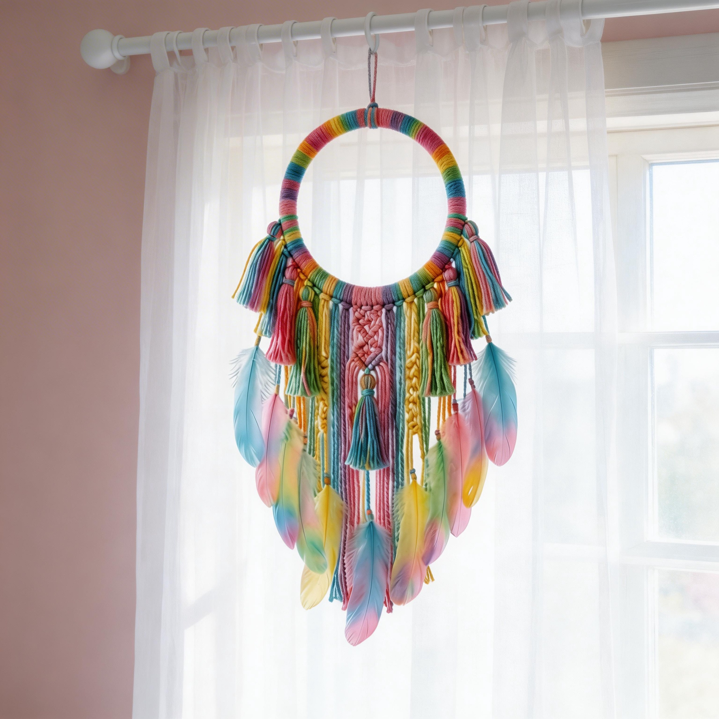 Kids Decor | Rainbow Cotton Dreamcatcher | Colorful Feather Magic