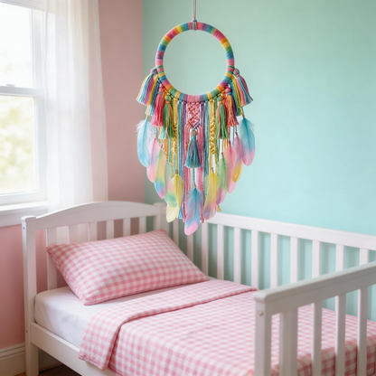 Kids Decor | Rainbow Cotton Dreamcatcher | Colorful Feather Magic