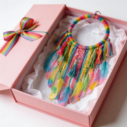 Kids Decor | Rainbow Cotton Dreamcatcher | Colorful Feather Magic