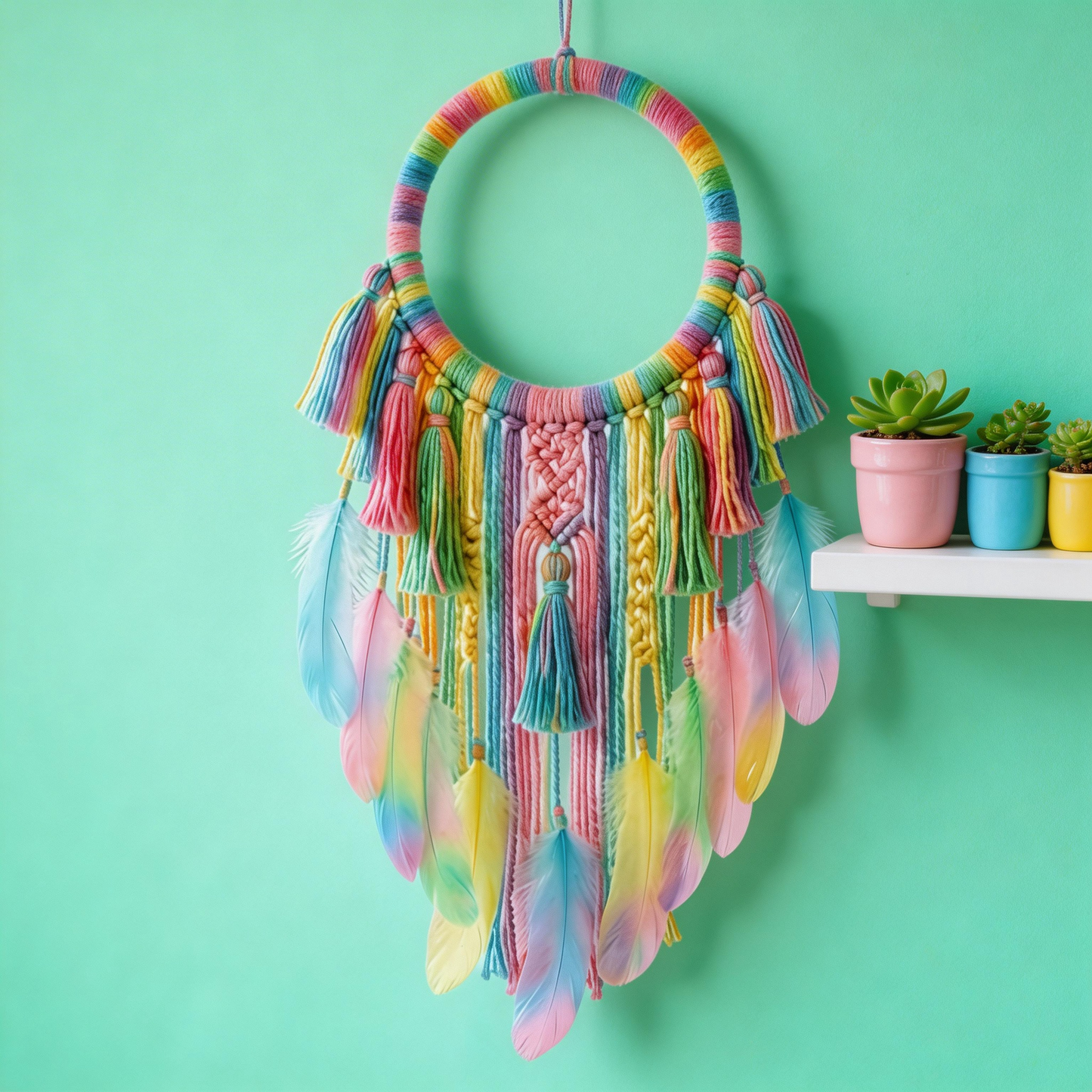 Kids Decor | Rainbow Cotton Dreamcatcher | Colorful Feather Magic