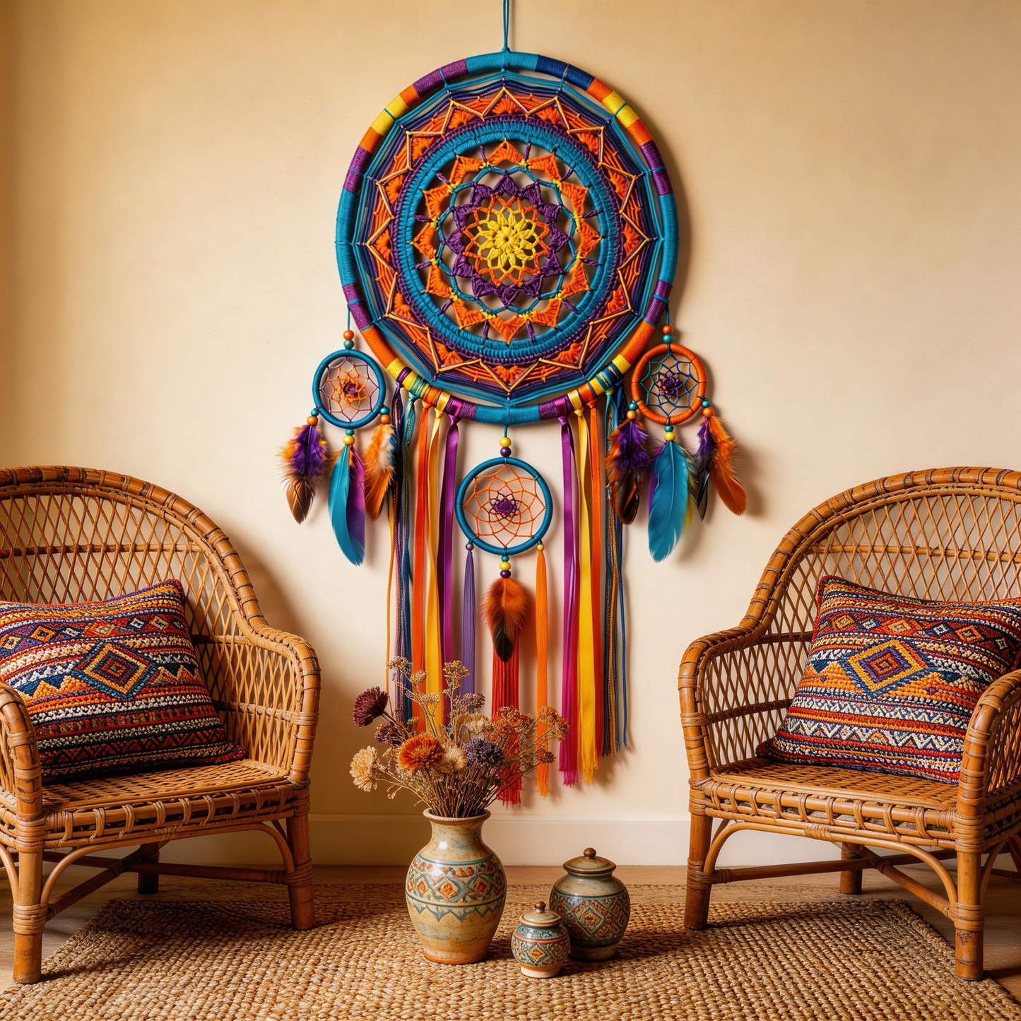 Colorful Statement | Handwoven Cotton Dreamcatcher | Boho Mandala Accent