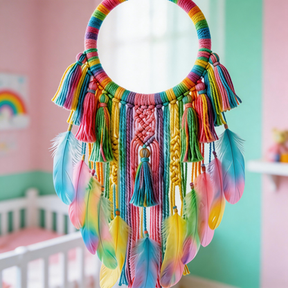 Kids Decor | Rainbow Cotton Dreamcatcher | Colorful Feather Magic